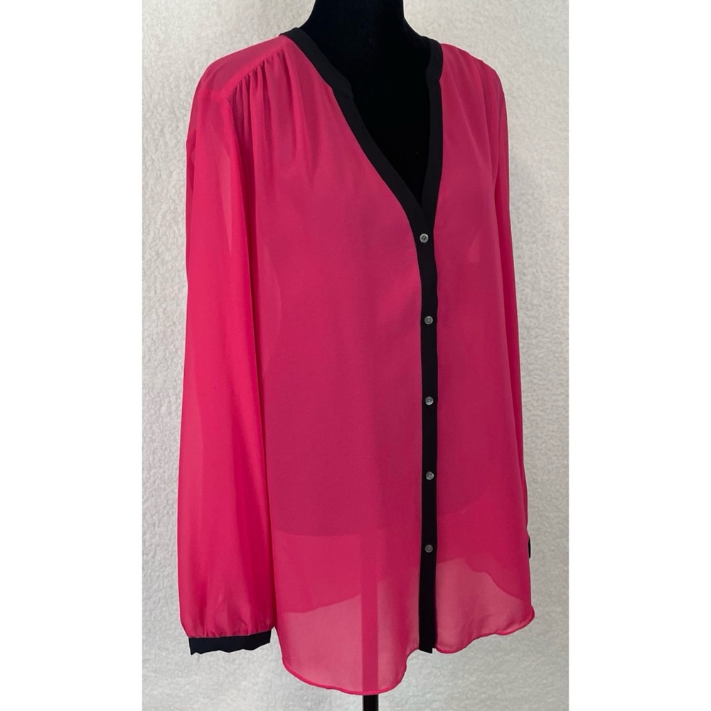(NWT) DKNYC • Hot Pink/Black Sheer Long Sleeve Button-Down Shirt, L - Picture 11 of 16